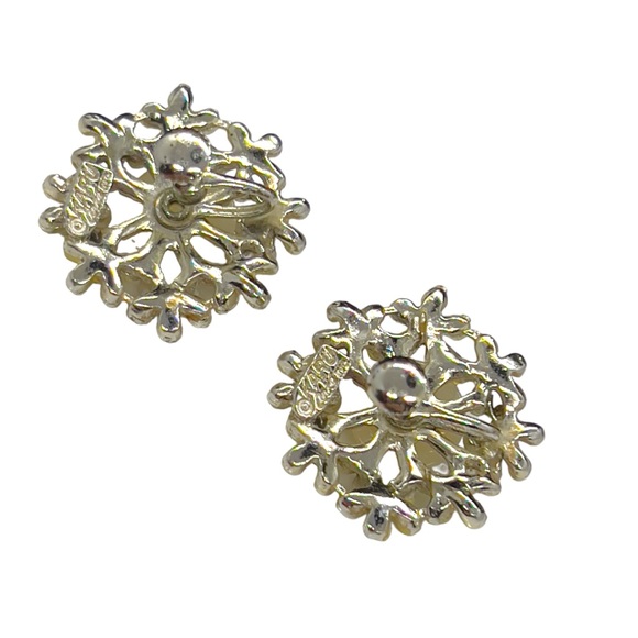 Vintage Signed Karu Arke Enamel, Rhinestone & Lucite Cabochon Skewback Earrings - Picture 3 of 5